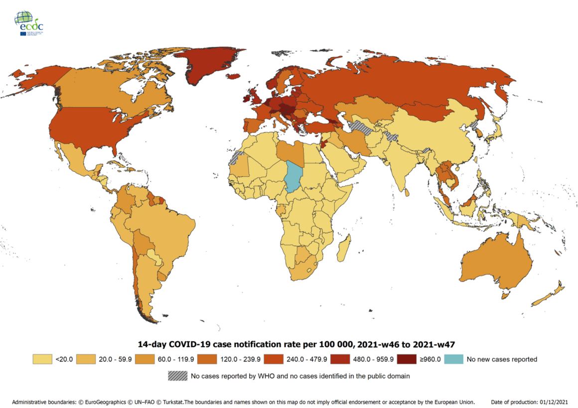 14-day COVID-19 case notification rate per 100 000, weeks 46-47