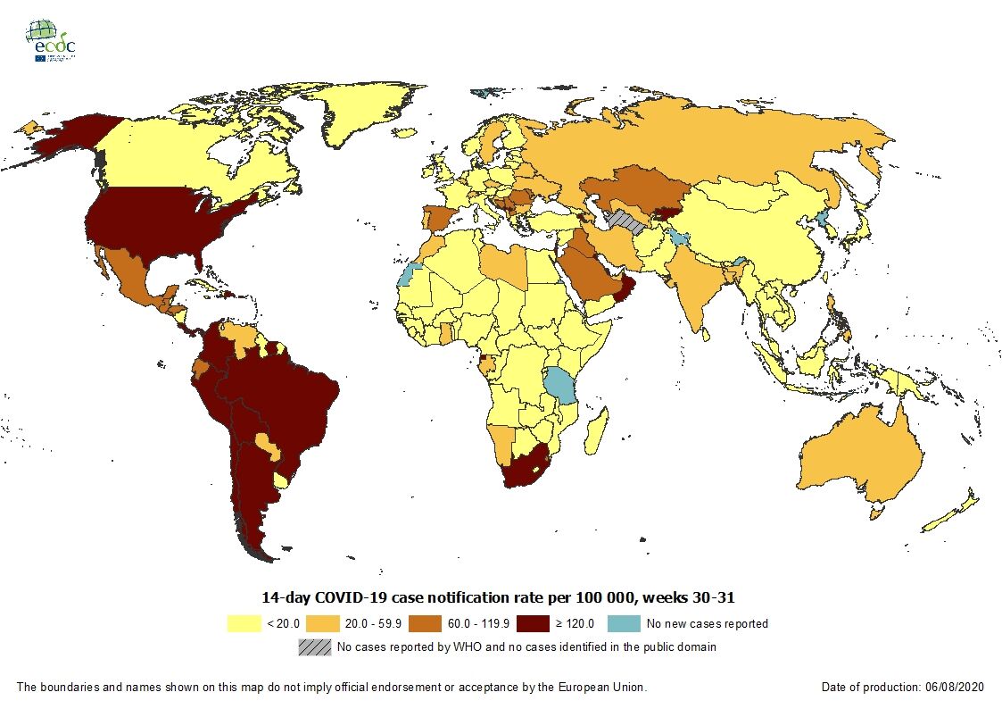 14-day COVID-19 case notification rate per 100 000, weeks 30-31, 6 August