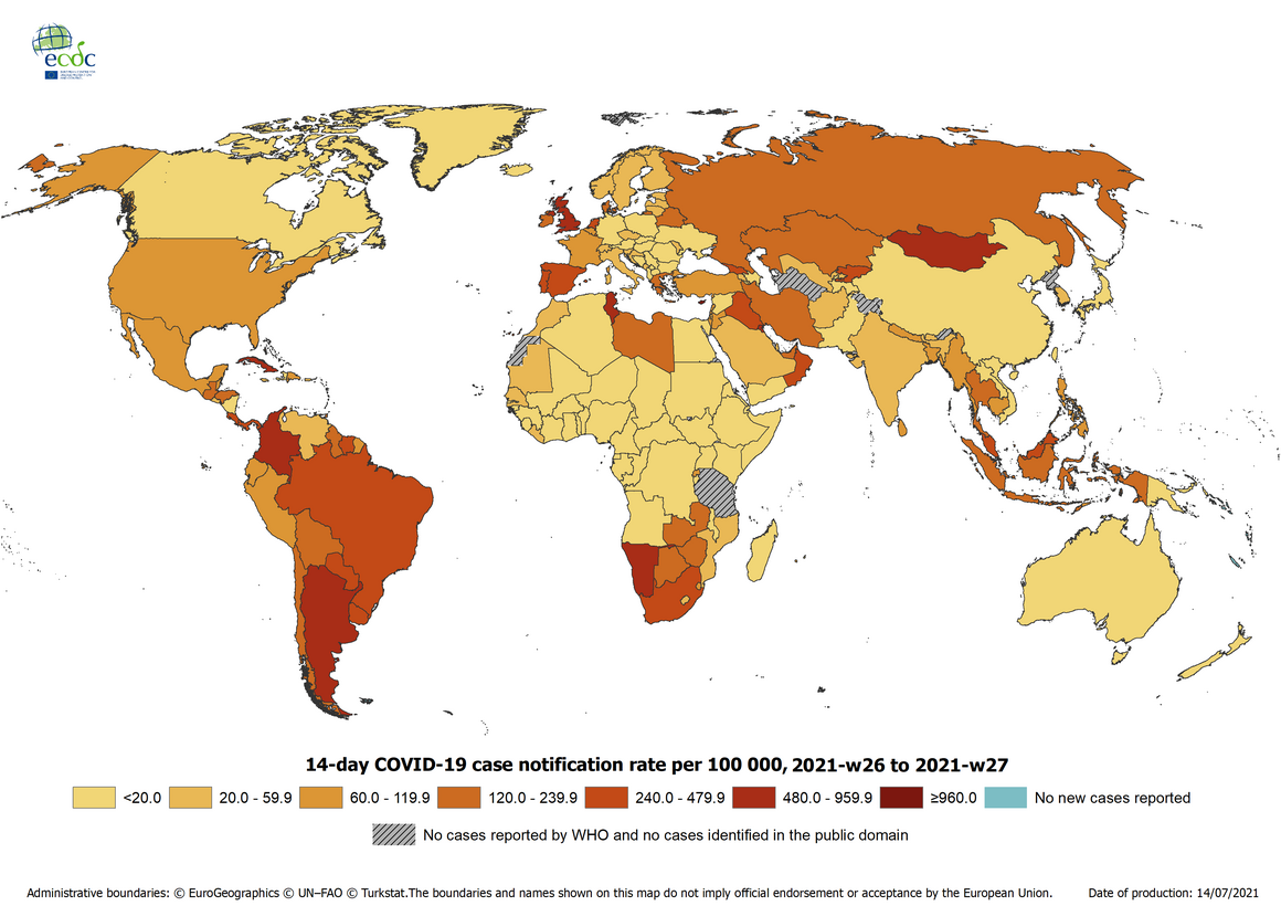 14-day COVID-19 case notification rate per 100 000, worldwide weeks 26-27