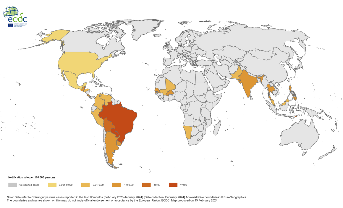 Countries/territories reporting Chikungunya cases since February 2023 and as of January 2024