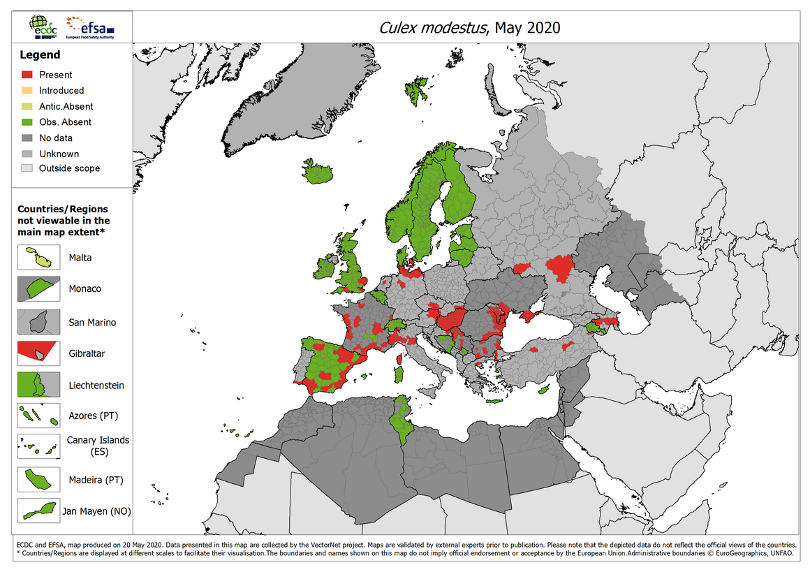 Culex modestus - current known distribution: May 2020