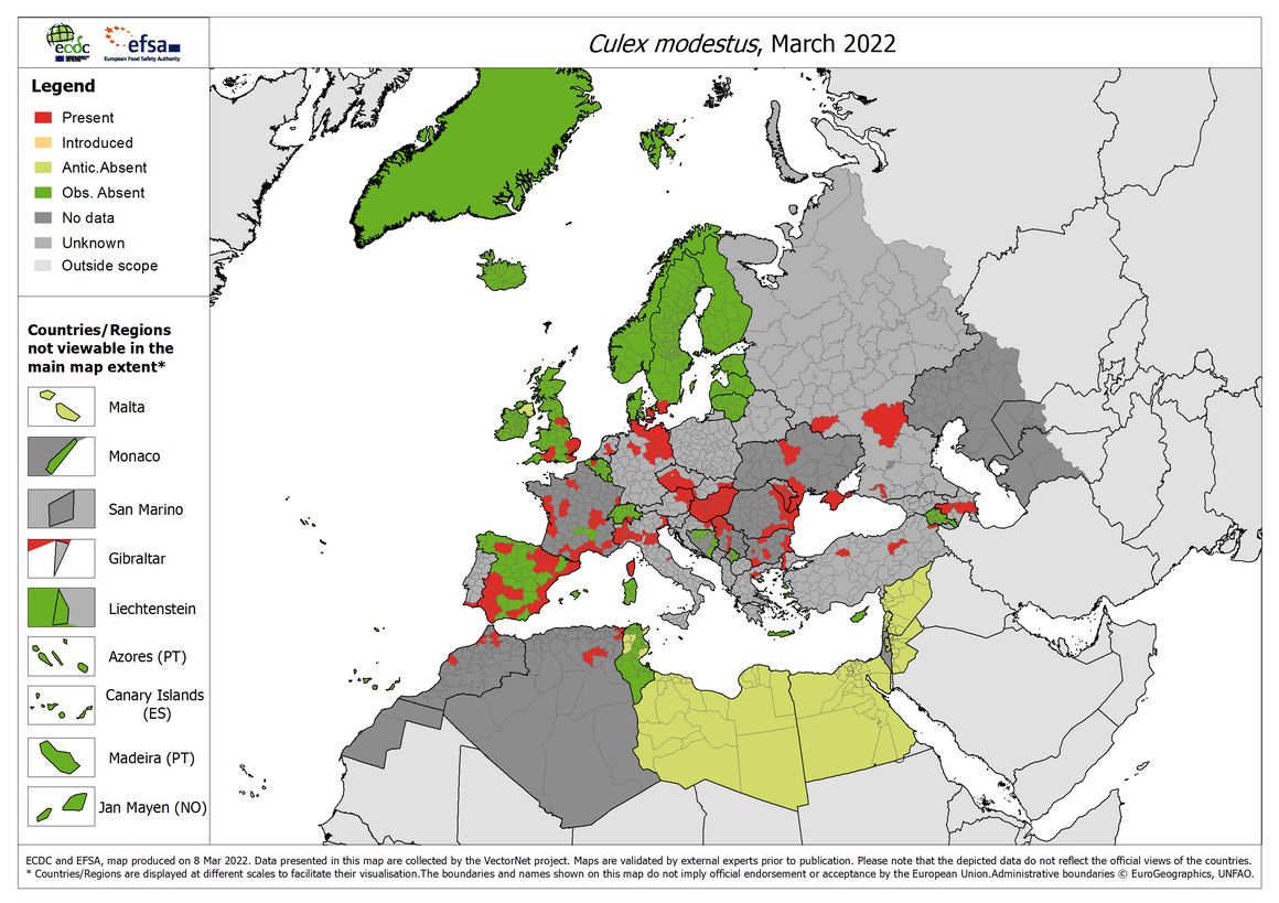 Culex modestus - current known distribution: March 2022