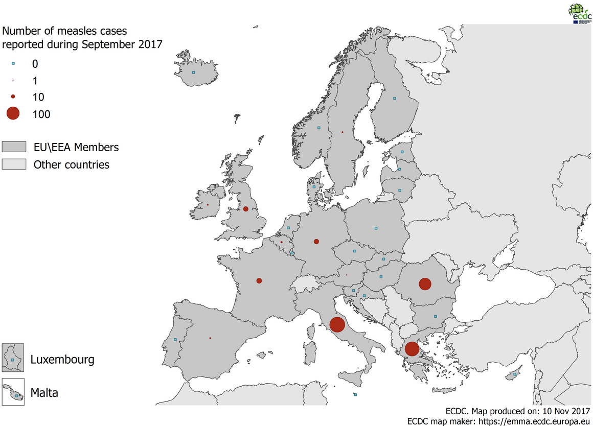 Distribution of measles cases by country, September 2017, EU/EEA countries 
