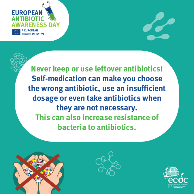 Social media card: never keep or use leftover antibiotics!