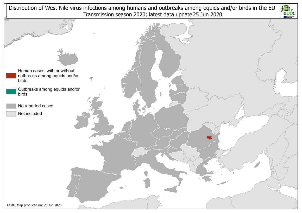 West Nile virus in Europe in 2020 - infections among humans and outbreaks among equids and/or birds, updated 25 June 2020