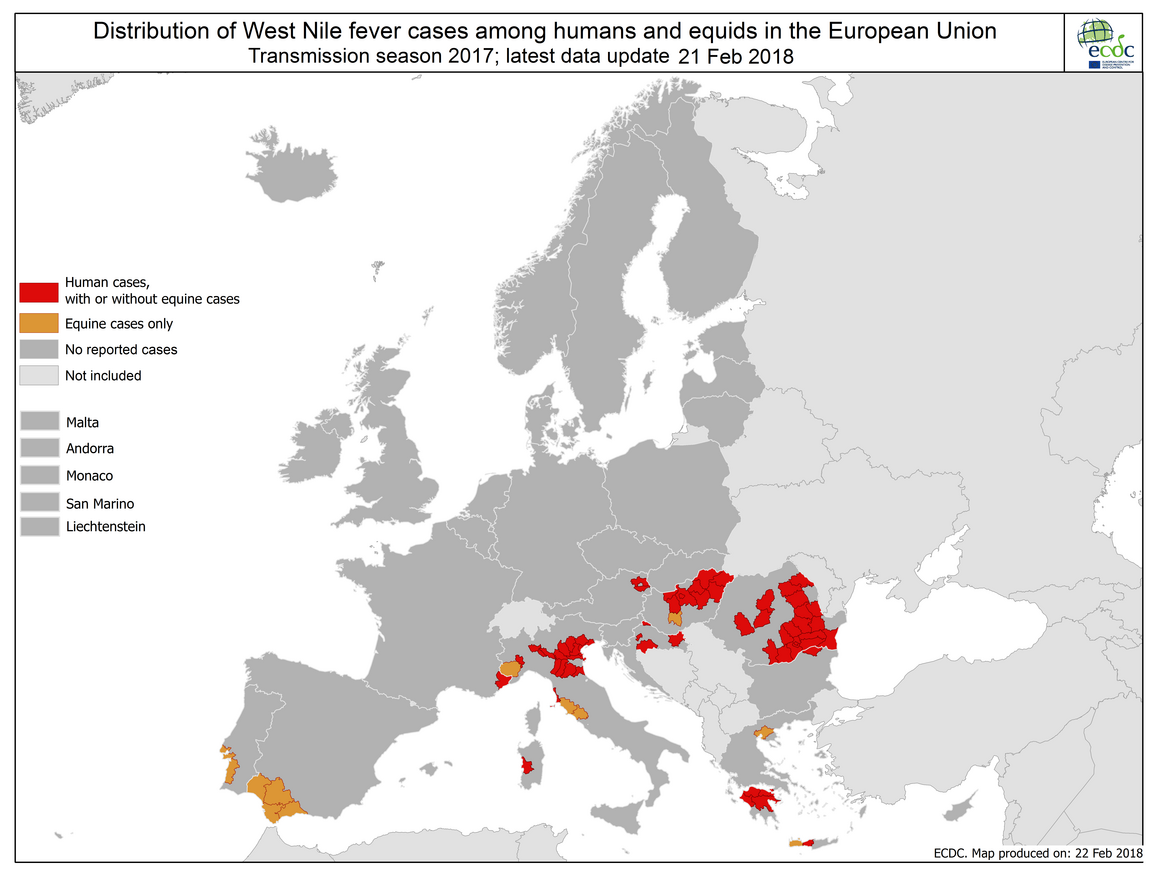 Map showing the human and equine West Nile fever cases in Europe and the Mediterranean, 2017 transmission season