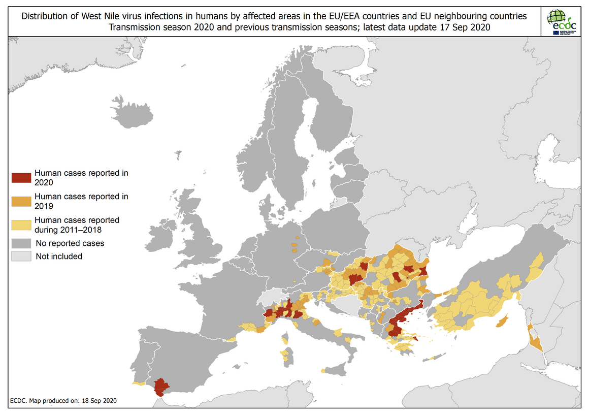 West Nile virus in Europe in 2020 - human cases compared to previous seasons, updated 17 September 2020