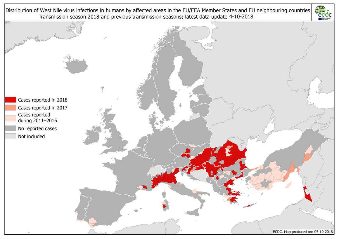 West Nile fever in Europe in 2018 - human cases compared to the previous season; updated 5 October