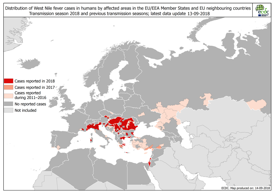 West Nile fever in Europe in 2018 - human cases compared to the previous season; updated 14 September
