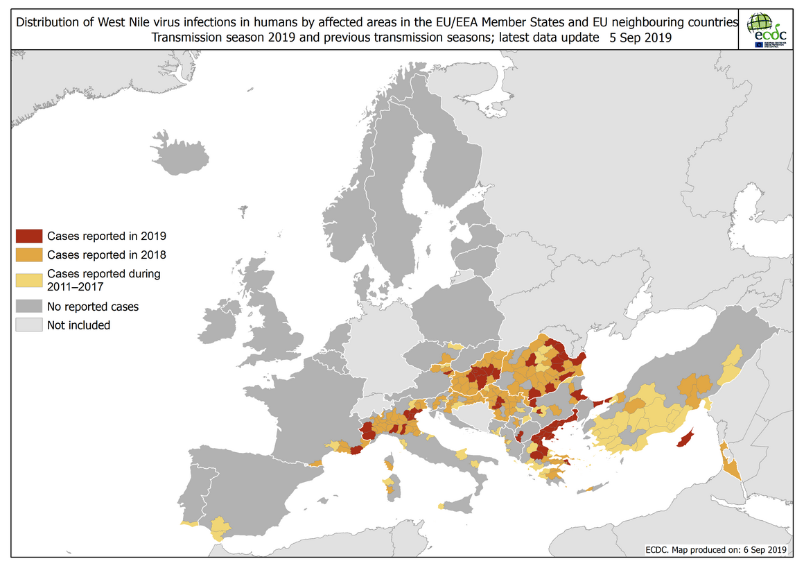 West Nile virus in Europe in 2019 - human cases compared to previous seasons, updated 6 September