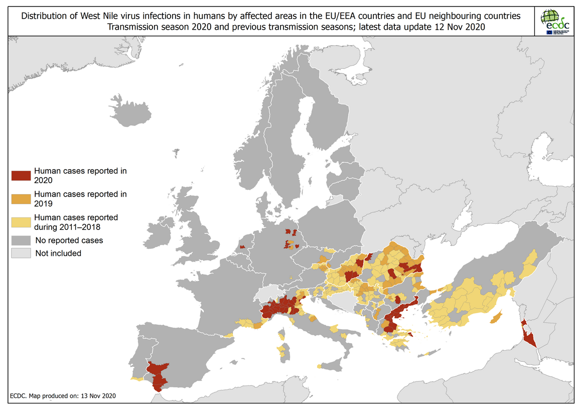 West Nile virus in Europe in 2020 - human cases compared to previous seasons, updated 12 November 2020