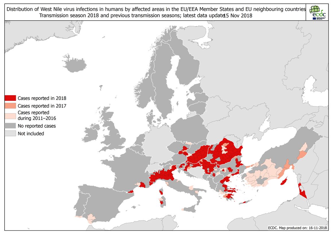 West Nile fever in Europe in 2018 - human cases compared to previous seasons, updated 17 November