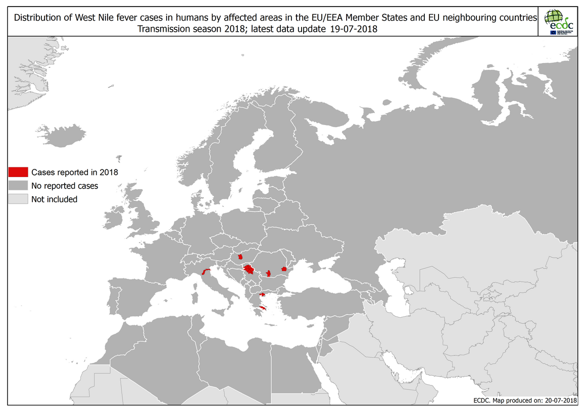 West Nile fever in Europe in 2018 - human cases; updated 20 July