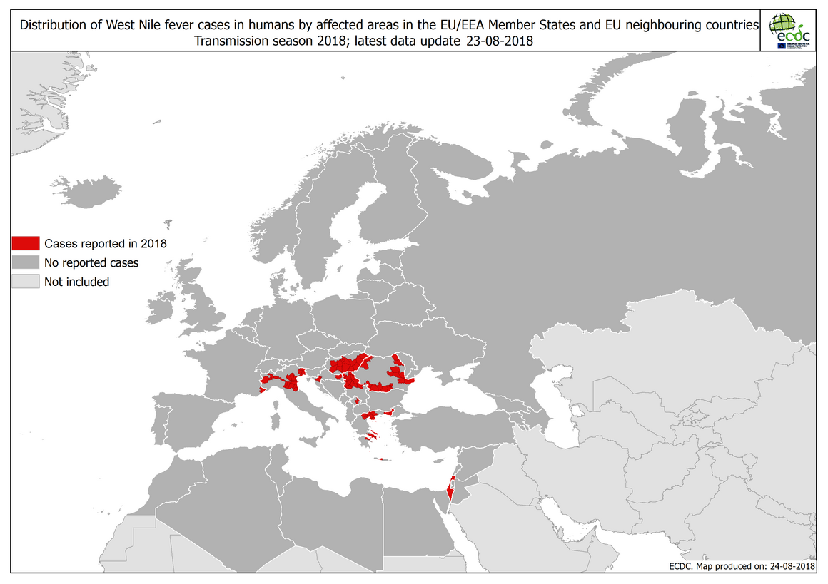 West Nile fever in Europe in 2018 - human cases; updated 24 August