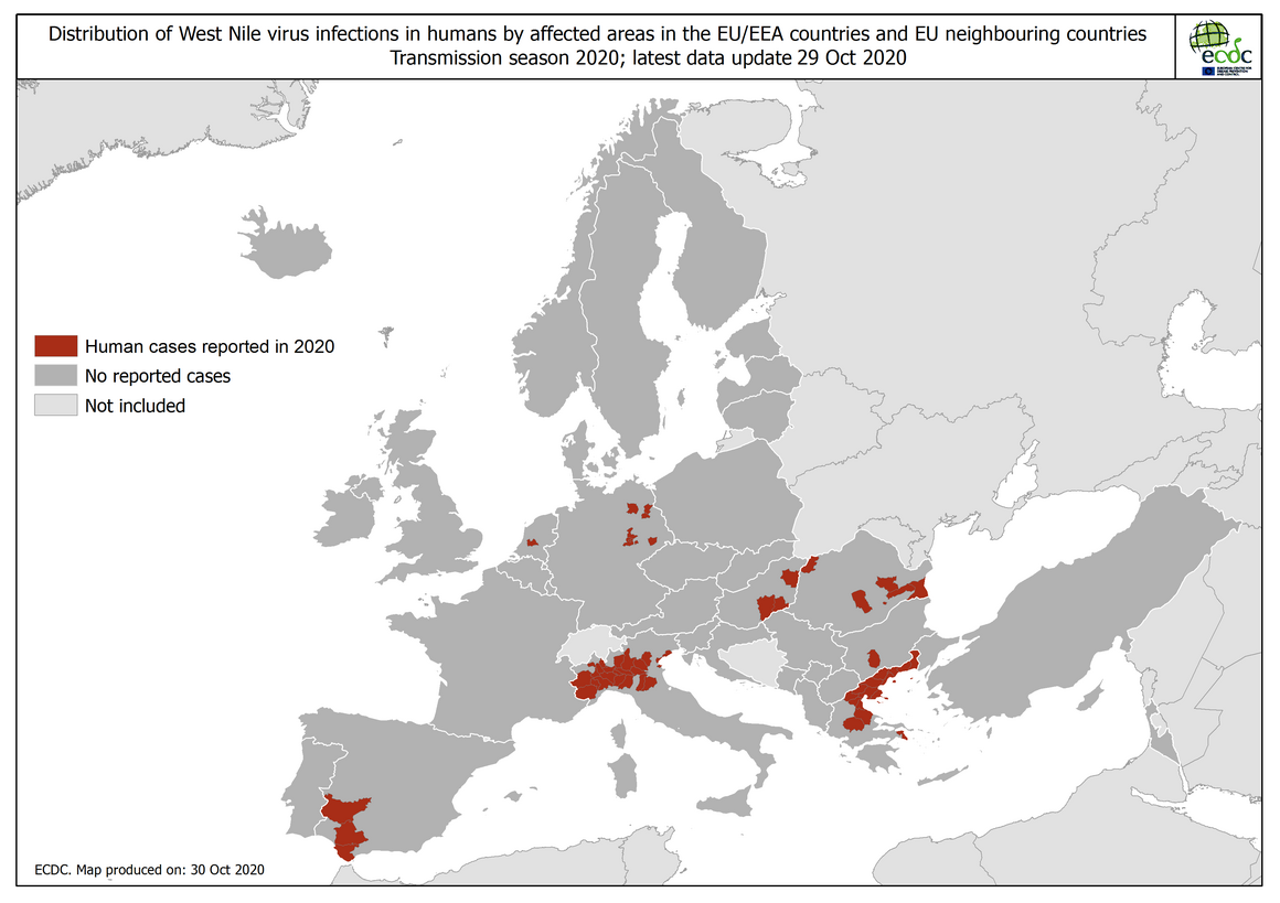 West Nile virus in Europe in 2020 - human cases, updated 29 October 2020