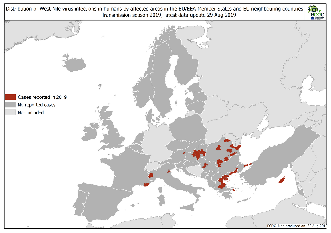 West Nile virus in Europe in 2019 - human cases, updated 30 August