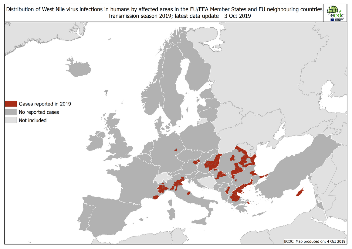 West Nile virus in Europe in 2019 - human cases, updated 4 October