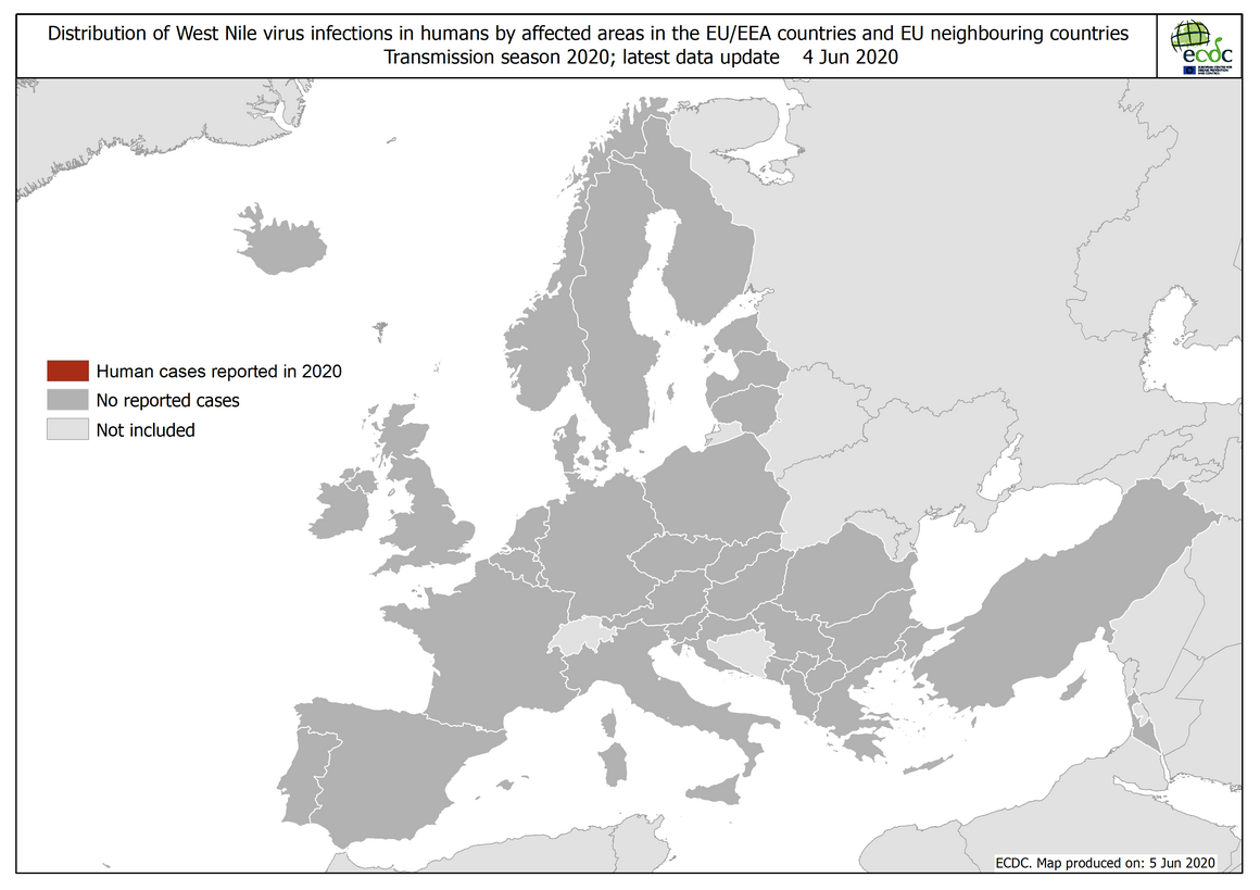 West Nile virus in Europe in 2020 - human cases, updated 5 June 2020
