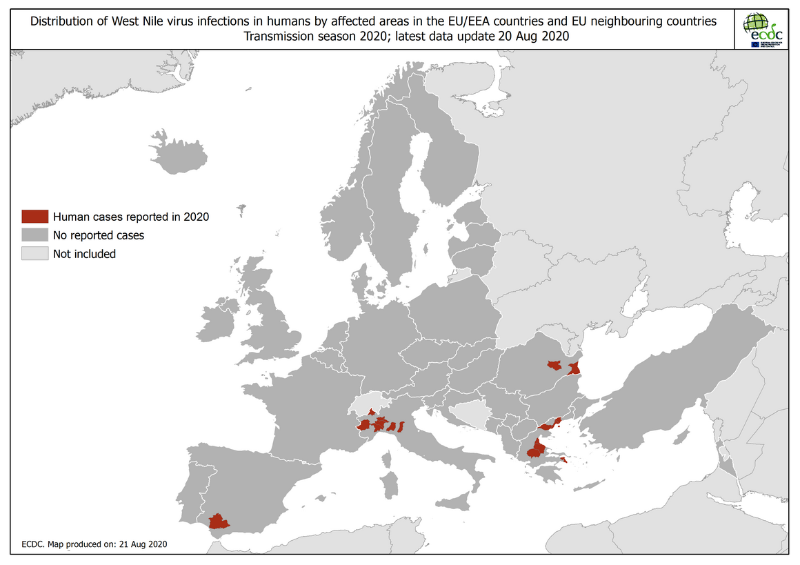 West Nile virus in Europe in 2020 - human cases, updated 20 August 2020