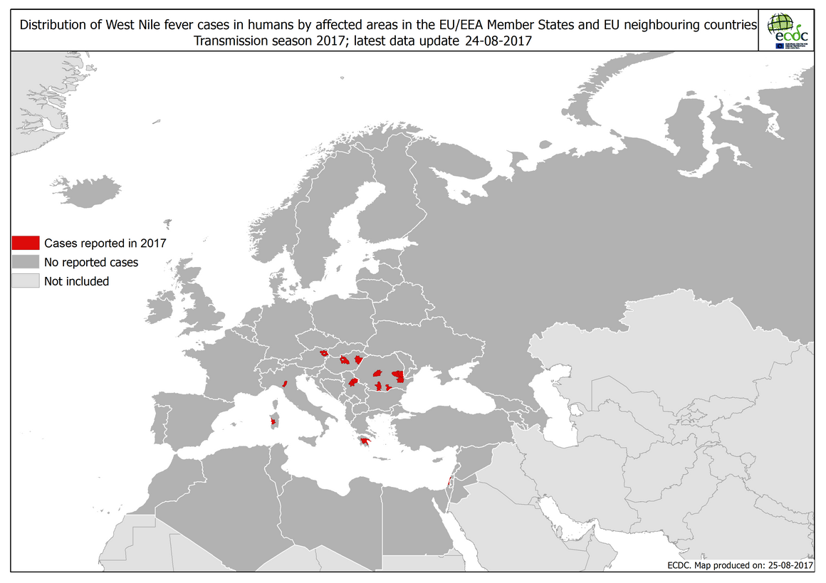 West Nile fever in Europe in 2017; updated 25 August