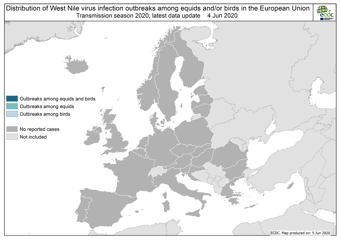 West Nile virus in Europe in 2020 - outbreaks among equids and/or birds, updated 5 June 2020