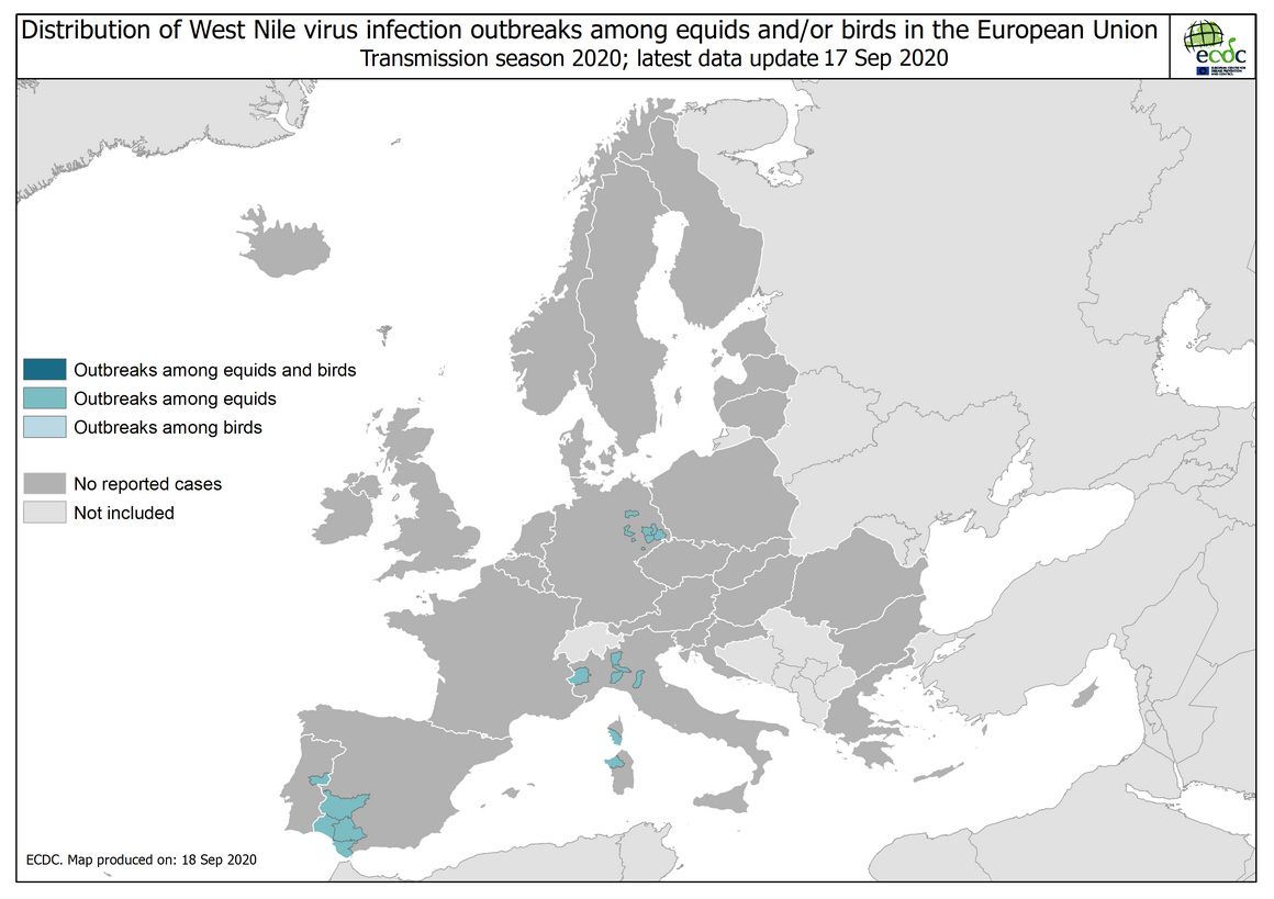 West Nile virus in Europe in 2020 - outbreaks among equids and/or birds, updated 17 September 2020