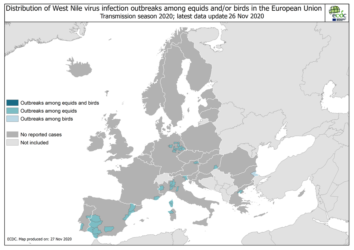 West Nile virus in Europe in 2020 - outbreaks among equids and/or birds, updated 26 November 2020