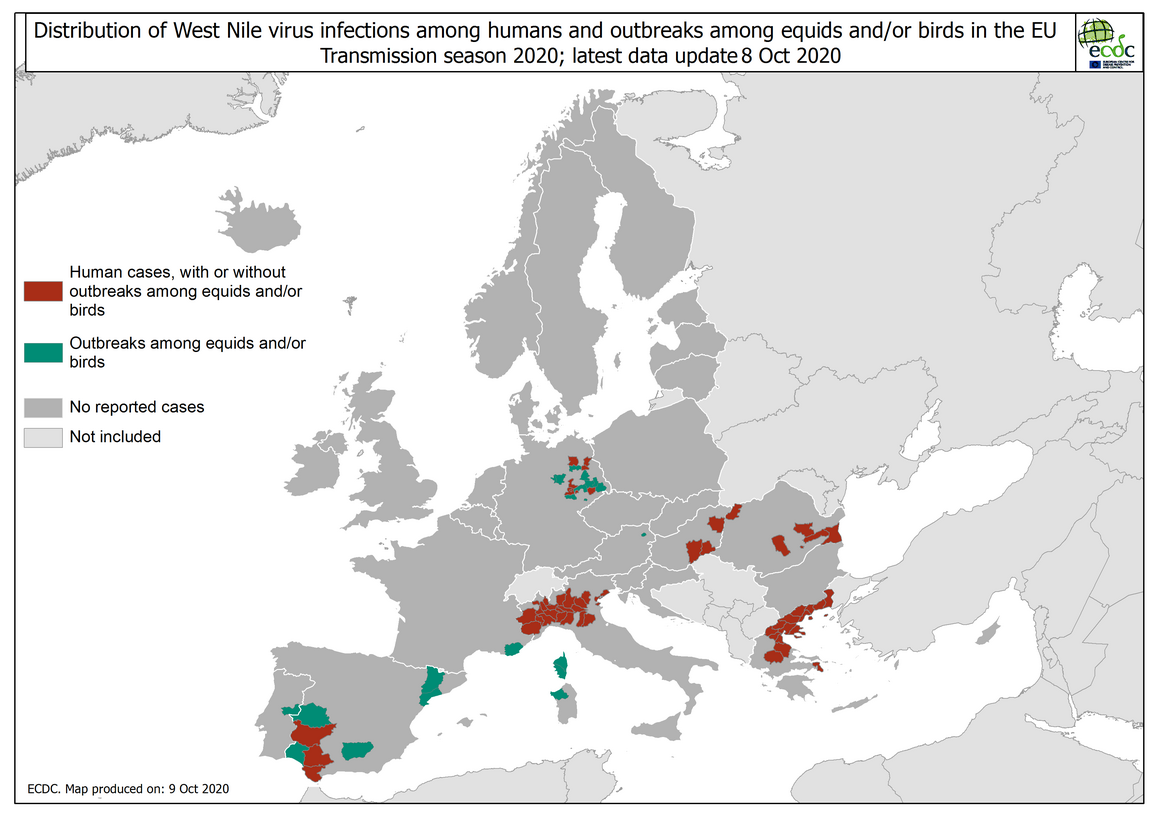 West Nile virus in Europe in 2020 - infections among humans and outbreaks among equids and/or birds, updated 8 October 2020