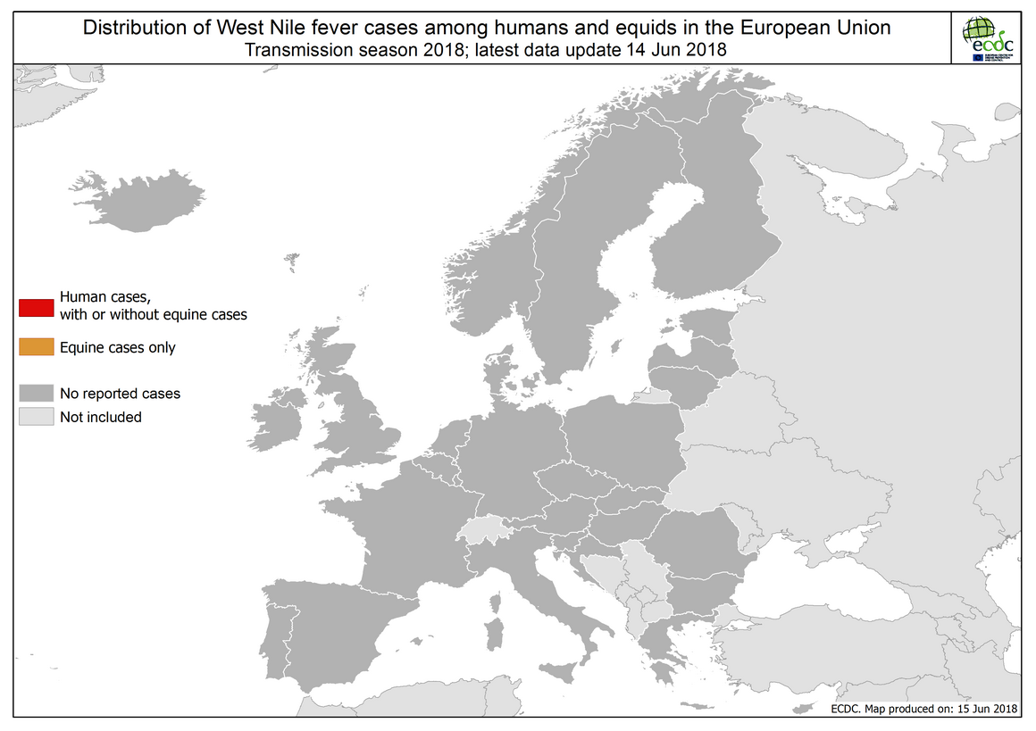Map: West Nile fever in Europe in 2018 - human and equine cases; updated 14 June