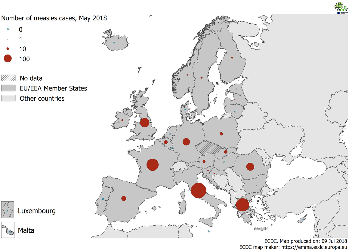 Distribution of measles cases by country, May 2018 in EU/EEA countries