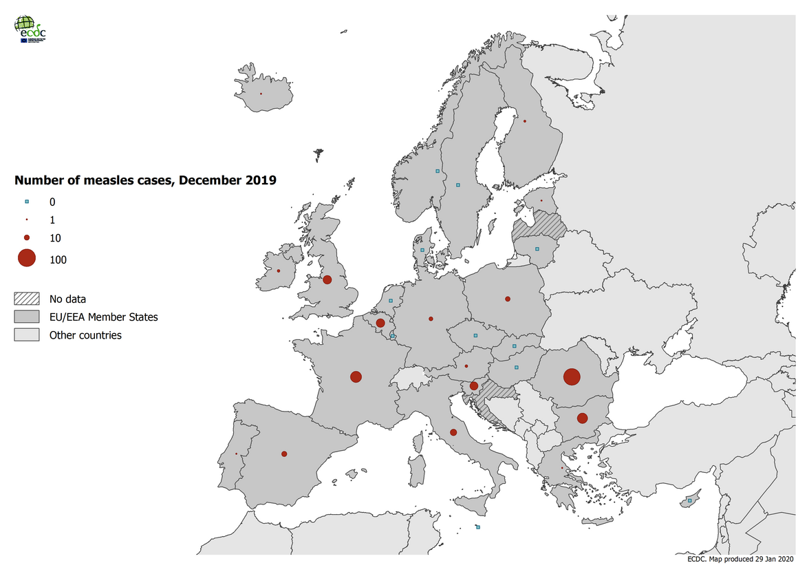 Number of measles cases by country, EU/EEA, December 2019 (n=286)