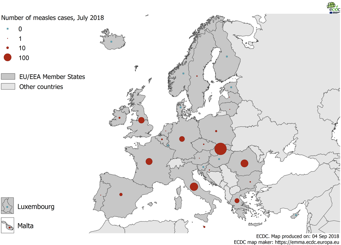 Number of measles cases by country, EU/EEA, July 2018