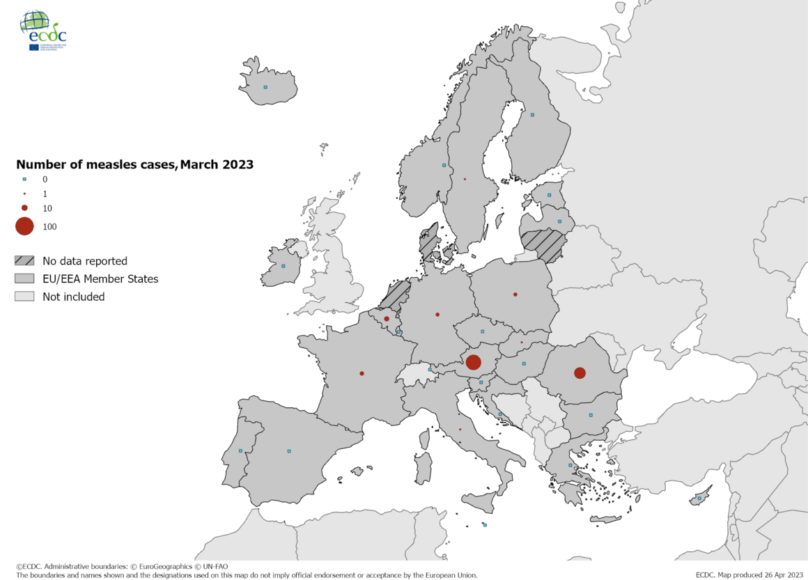 Number of measles cases by country, March 2023
