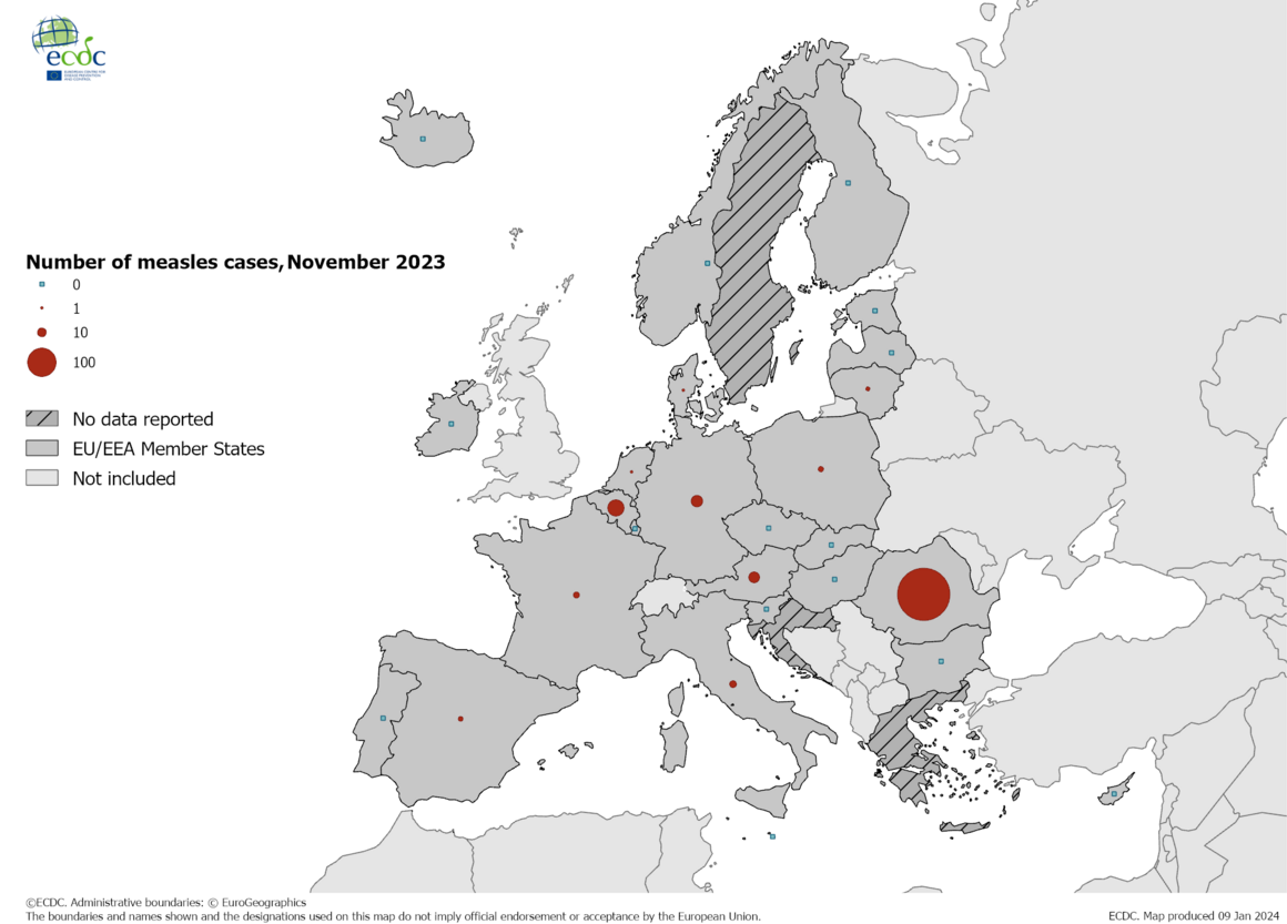 Number of measles cases by country, November 2023