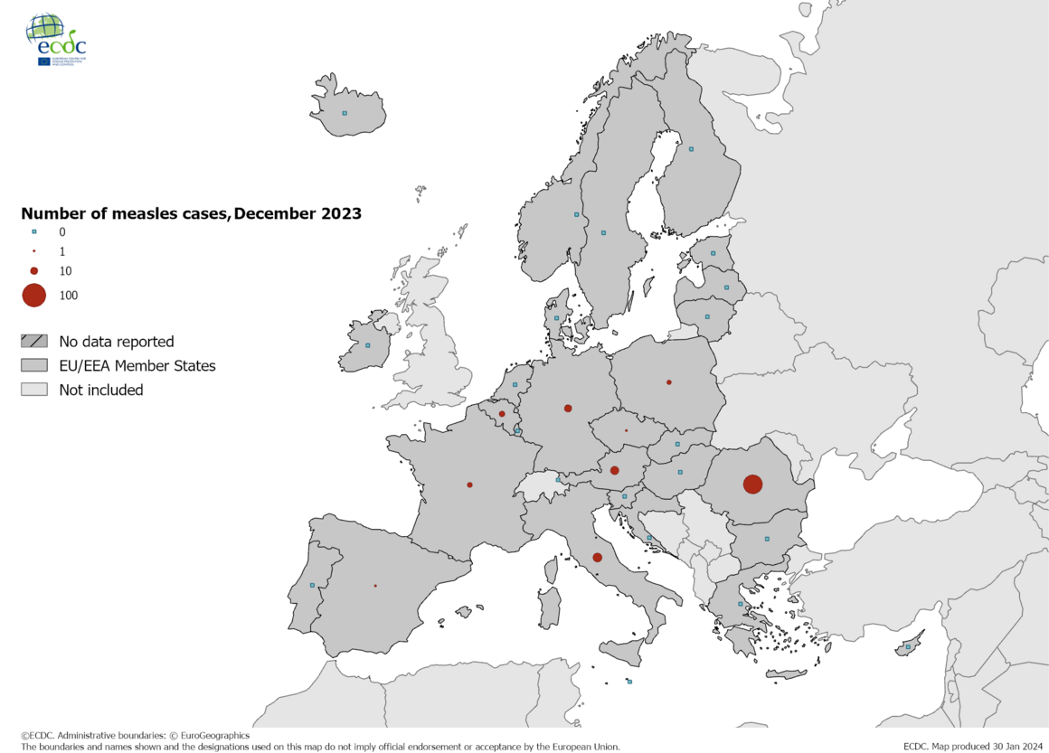 Number of measles cases by country, December 2023