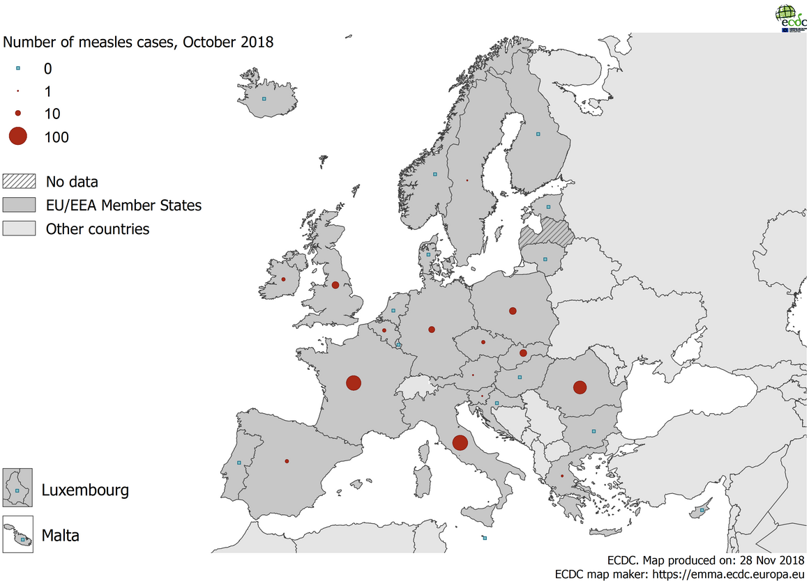 Number of measles cases by country, EU/EEA, October 2018 (n=279)