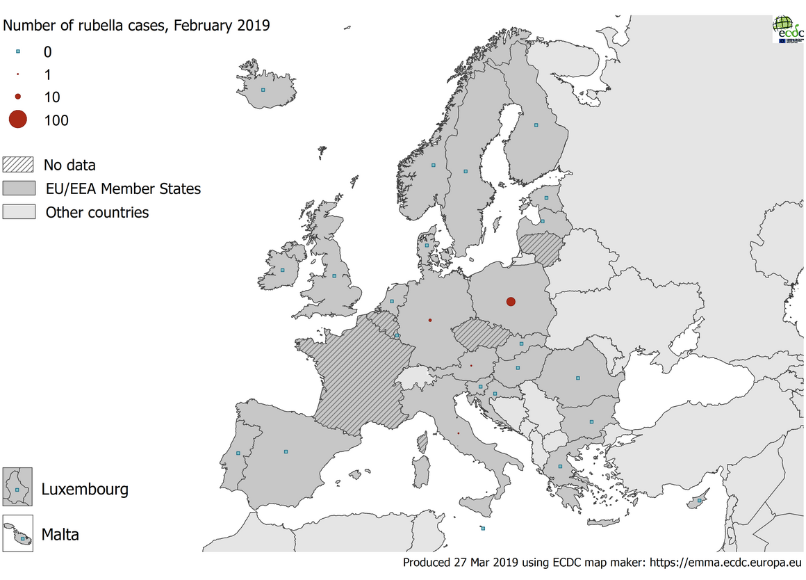 Number of rubella cases by country, EU/EEA, February 2019 (n=30)