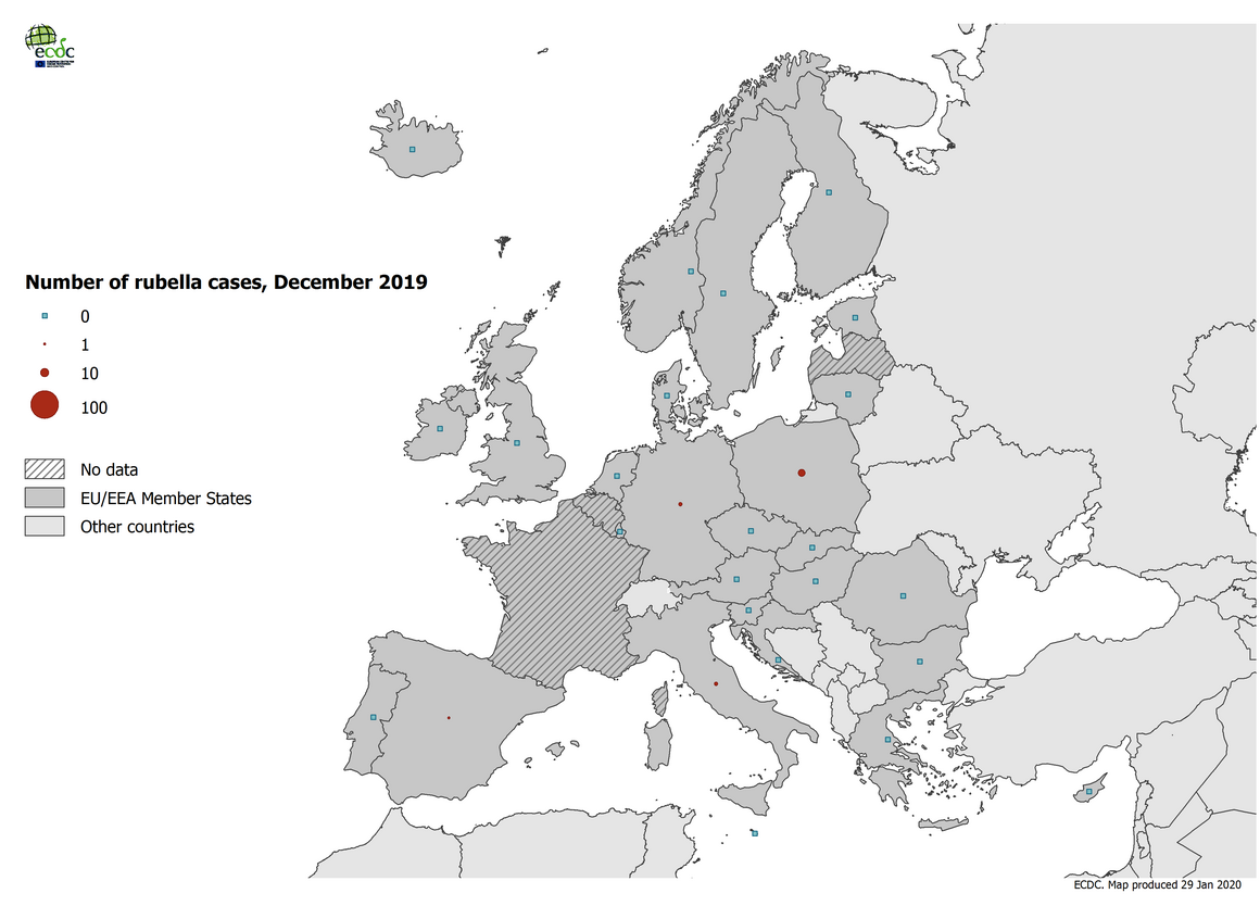Number of rubella cases by country, EU/EEA, December 2019 (n=12)