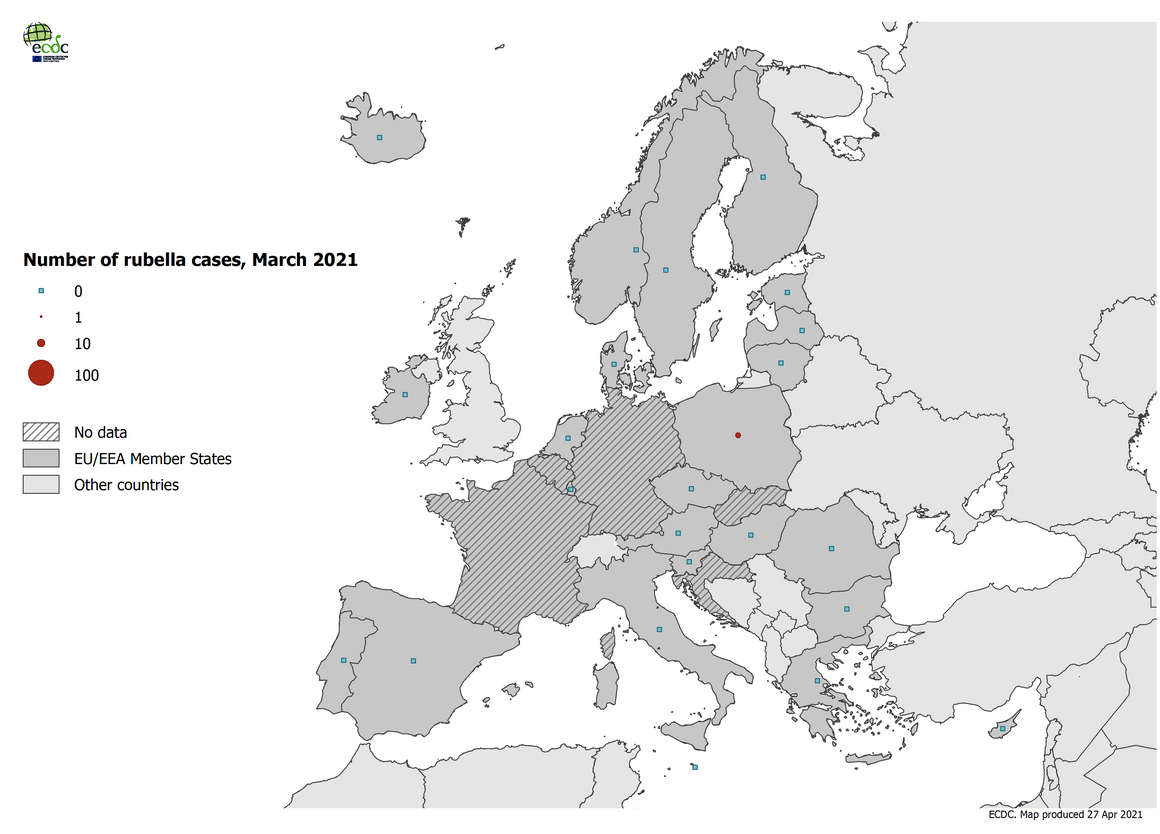 Number of rubella cases by country, March 2021