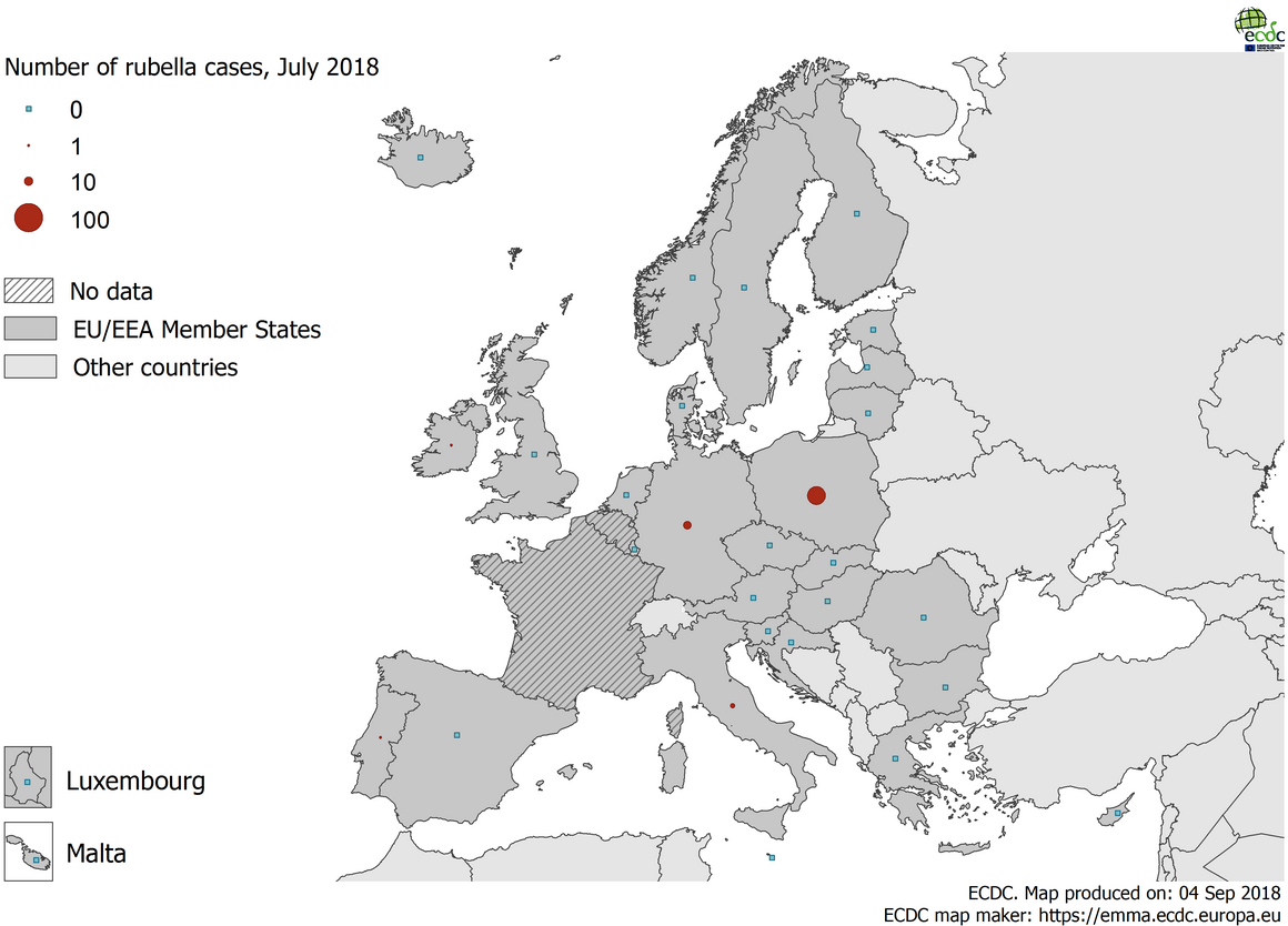 Number of rubella cases by country, EU/EEA, July 2018 (n=53)