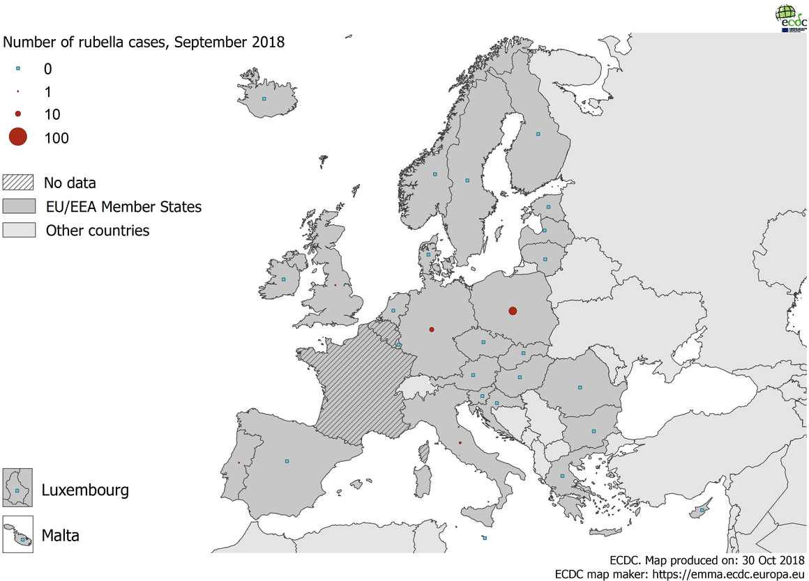 Number of rubella cases by country, EU/EEA, September 2018 (n=32)