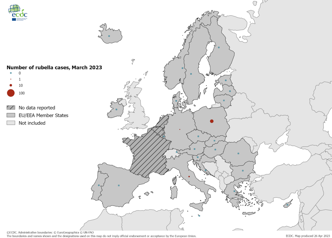 Number of rubella cases by country, March 2023