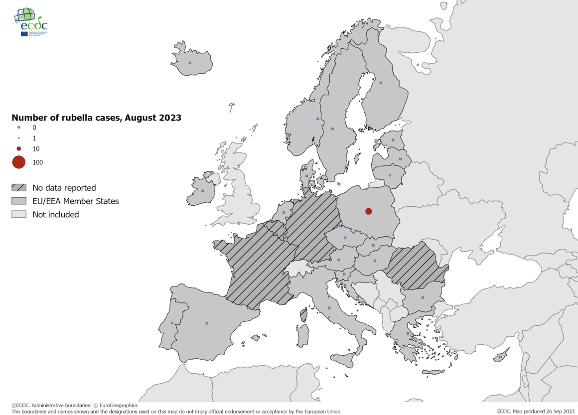 Number of rubella cases by country, August 2023
