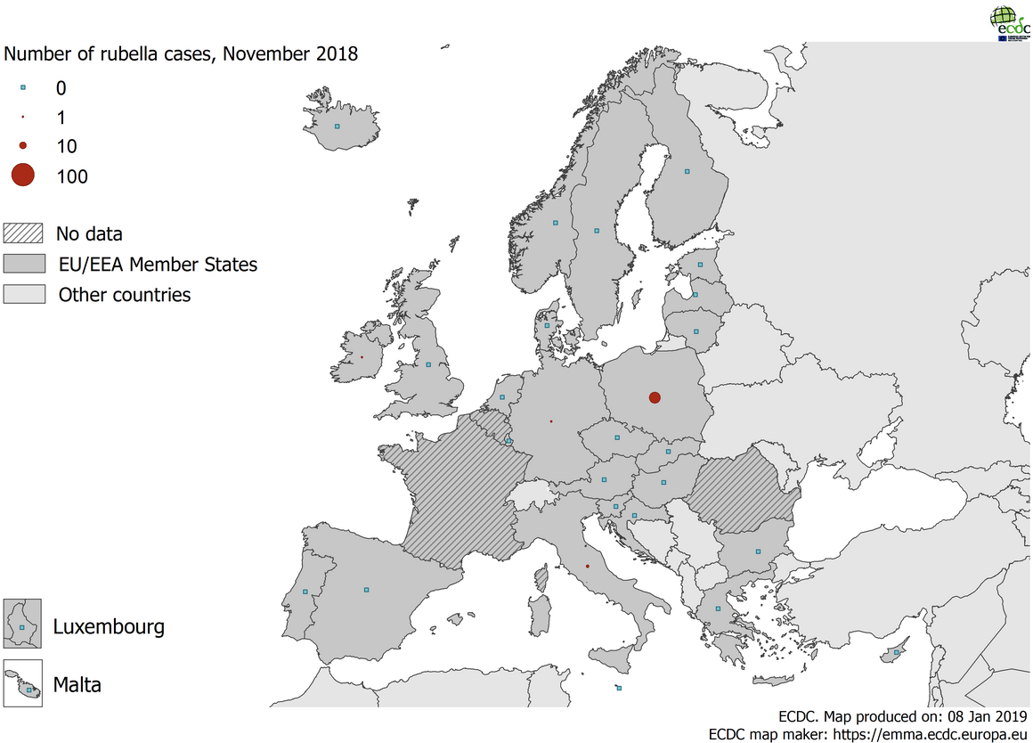 Number of rubella cases by country, EU/EEA, November 2018 (n=30)
