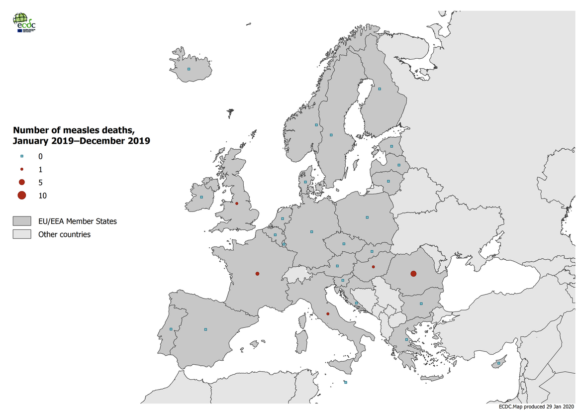 Number of measles deaths by country, EU/EEA, 1 January 2019–31 December 2019 (n=10)
