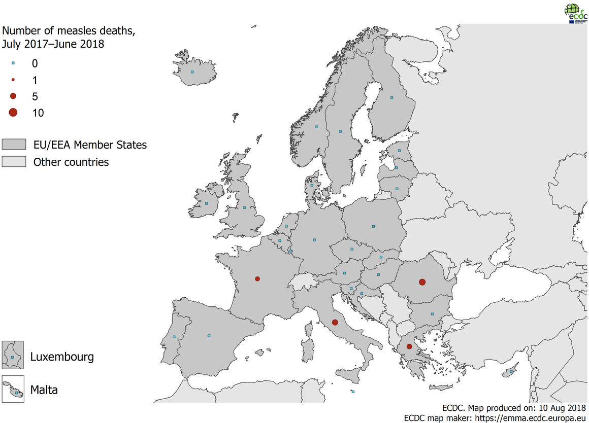 Map showing the number of measles deaths by country, EU/EEA, 1 July 2017–30 June 2018