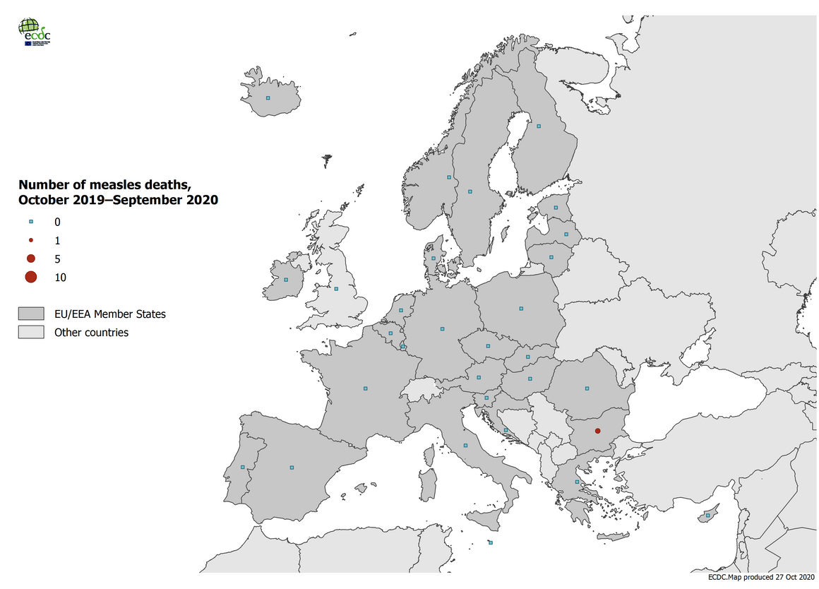 Number of measles deaths by country, EU/EEA and the UK, October 2019 - September 2020