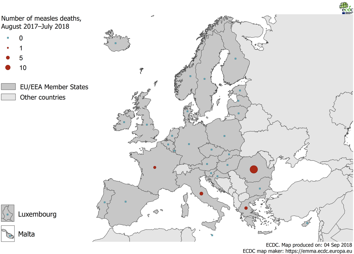 Number of measles deaths by country, EU/EEA, 1 August 2017–31 July 2018 (n=37) 