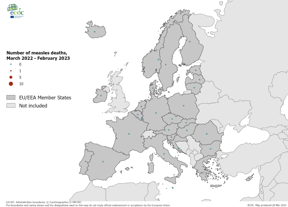Number of measles deaths by country, March 2022 - February 2023