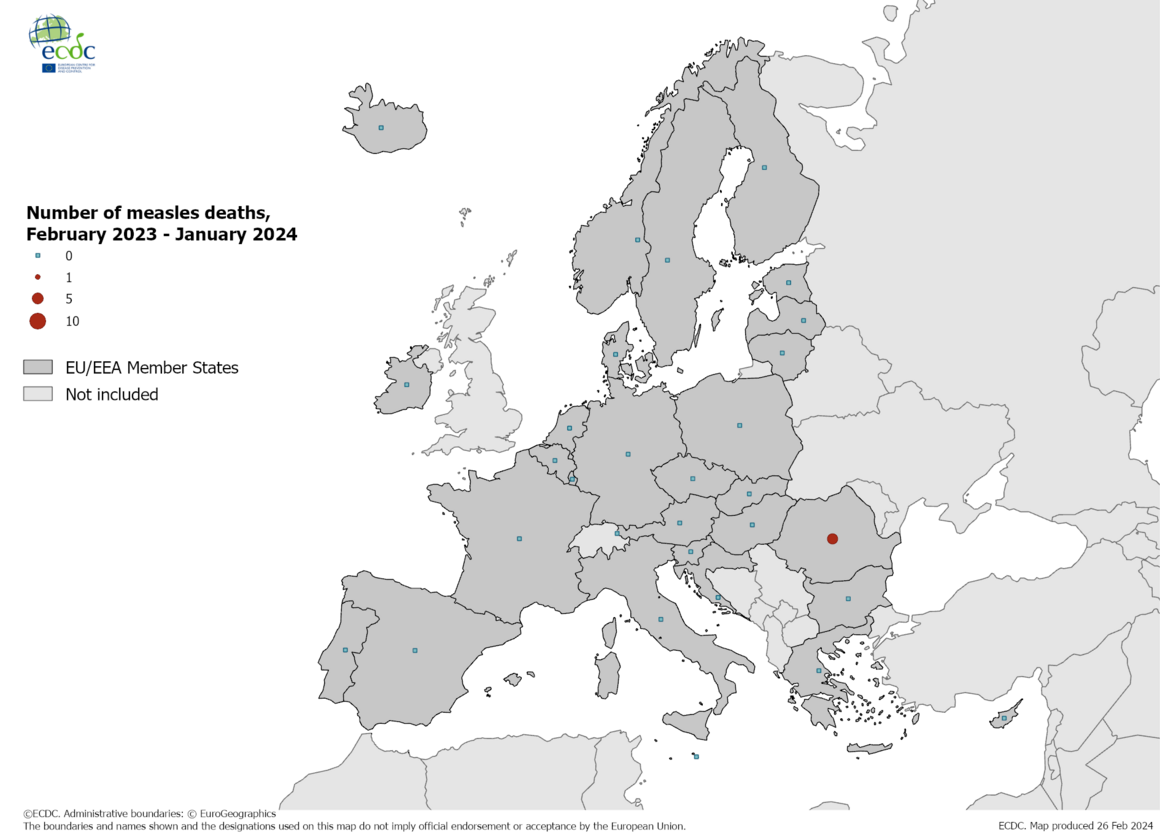 Number of measles deaths, February 2023 - January 2024